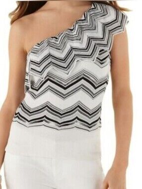 White House Black Market Off-Shoulder Chevron Knit Sweater in White and Black